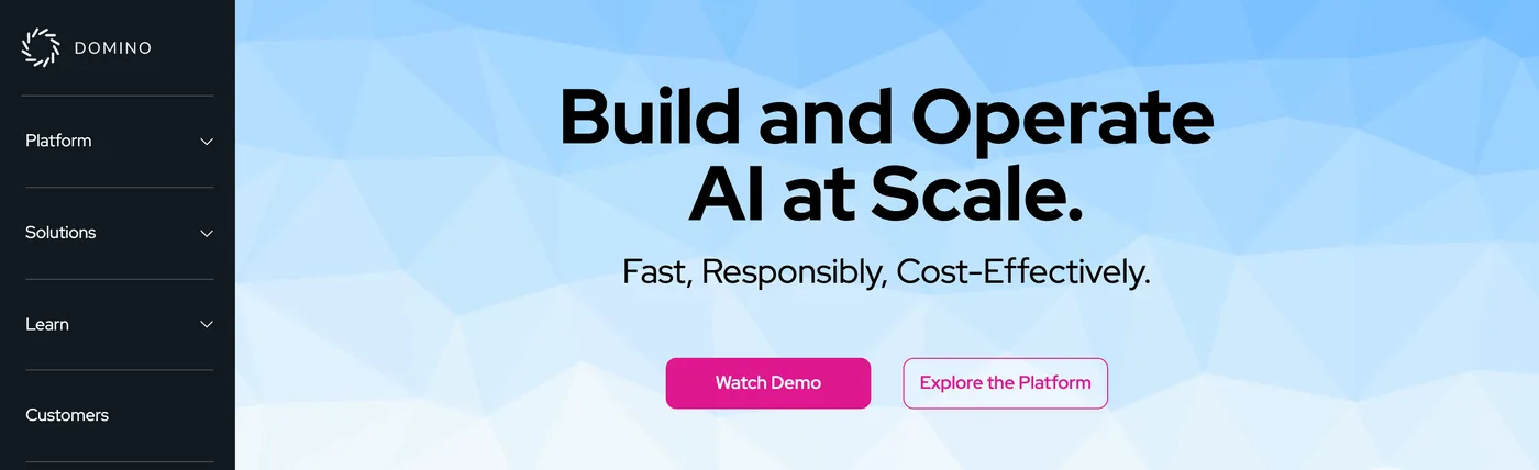 The domino.ai homepage in January 2024, with a dark vertical navigation column on the left and a pale blue hero reading Build and Operate AI at Scale.
