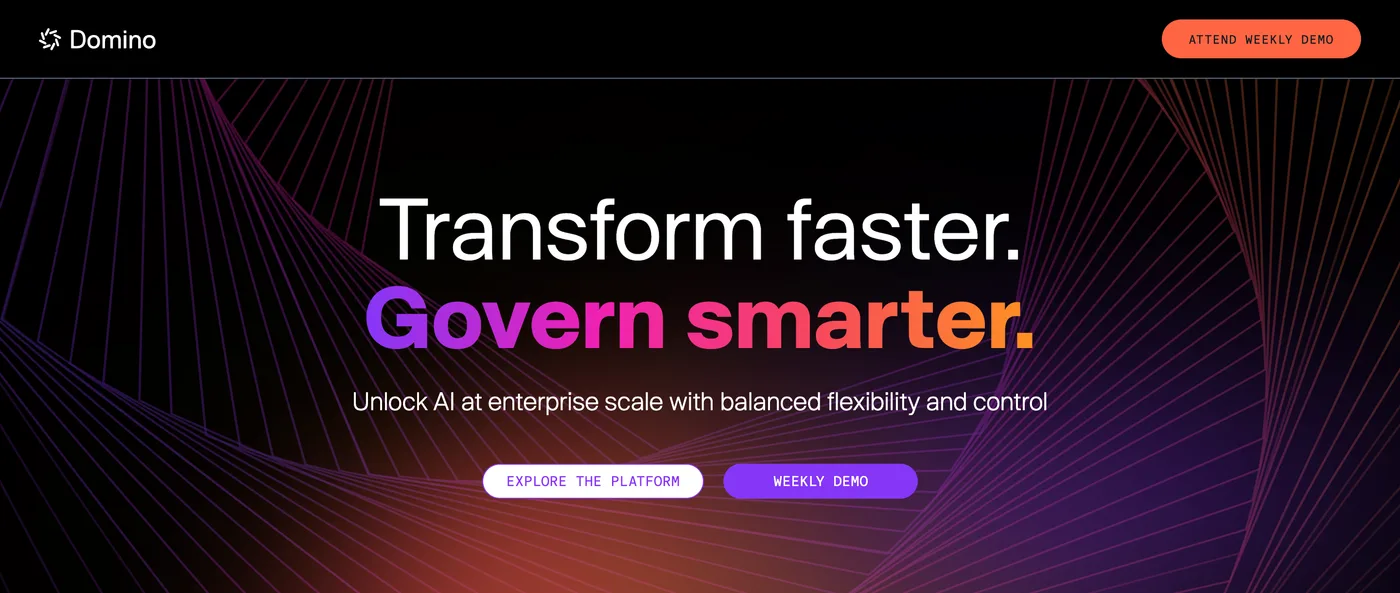 The domino.ai homepage in July 2025, with a horizontal top navigation bar and a dark hero reading Transform faster, Govern smarter.