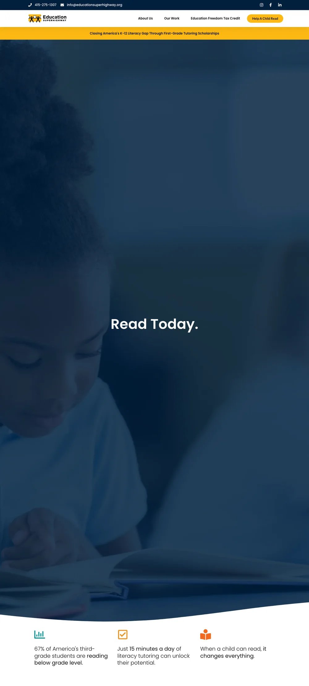 Full EducationSuperHighway homepage today, focused on K-12 literacy.