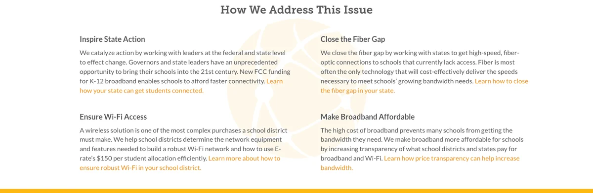 The How We Address This Issue section from EducationSuperHighway's 2017 site, laying out four approaches to closing the connectivity gap.