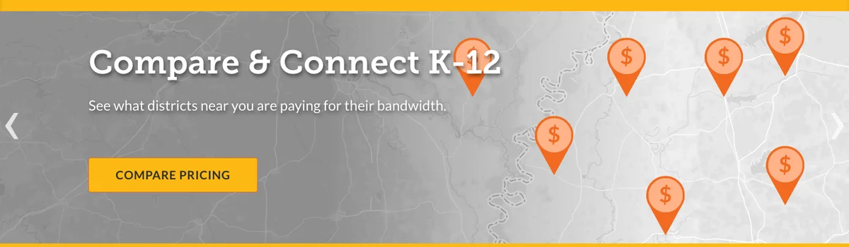 Homepage of the EducationSuperHighway site we built: a Compare and Connect K-12 hero over a US map dotted with pricing pins.