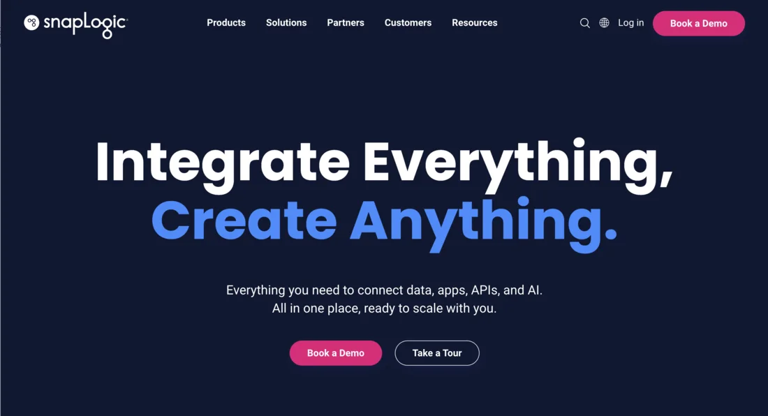 The SnapLogic homepage we build and support, reading Integrate Everything, Create Anything.