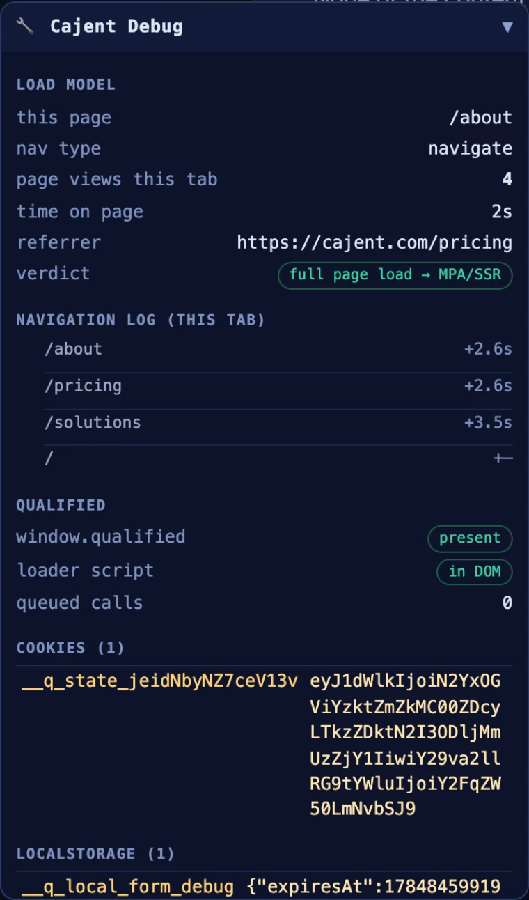 The debug panel close up, showing the load model, navigation log, widget status, and a highlighted session cookie.